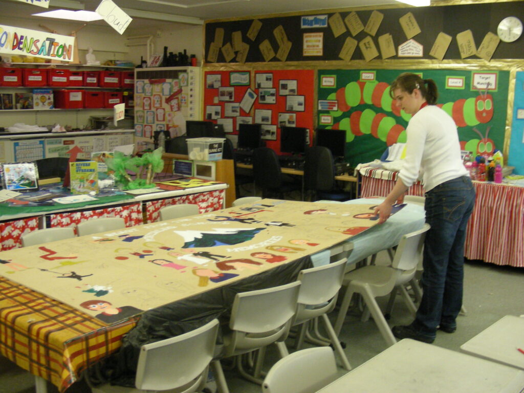 Animazing Workshop at a school Jenny Cartwright setting out the work on tables