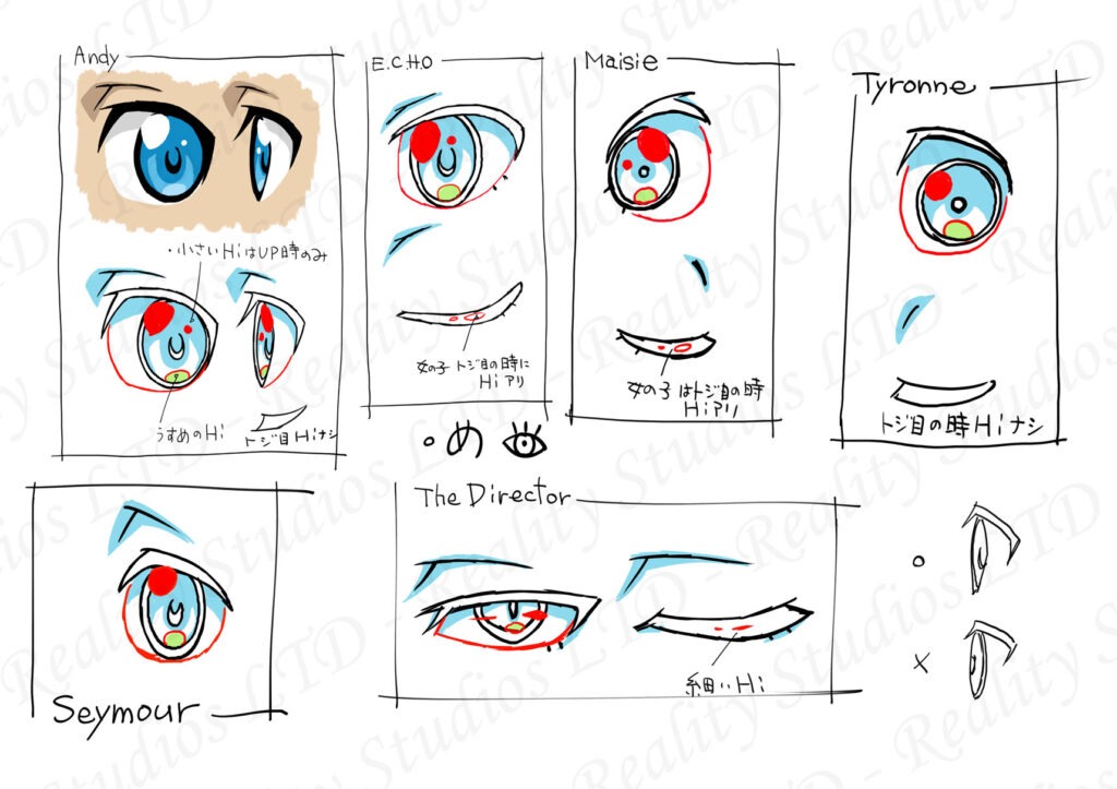 Eyes from characters in the Andy's Apps trailer Andy, Echo, Maisie, Tyronne, Seymour and The Director.