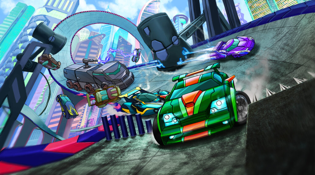 Neo Racer Splash Image from Pitch Bible Cars racing on a winding track suspended in the sky, with hammers and popup rails trying to knock them off